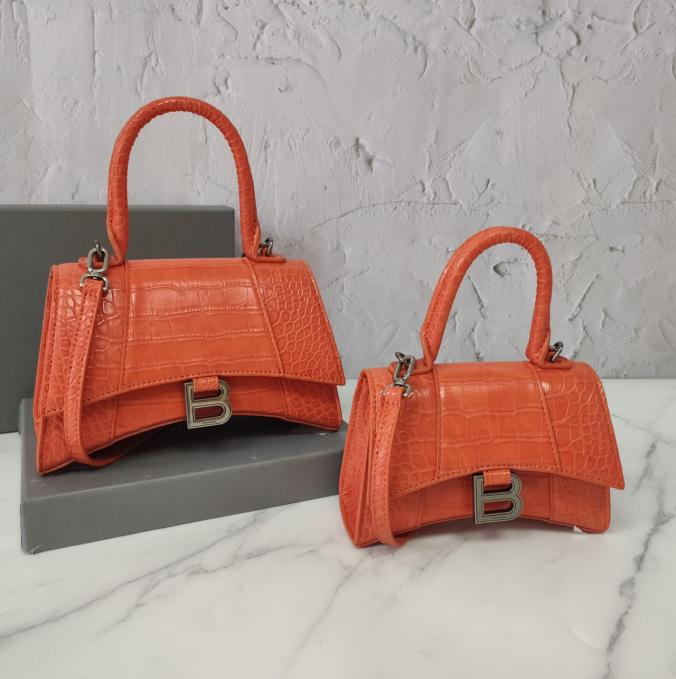 Balenci Hourglass Multi-Size Antique Red Metallic Croc-Embossed Curvilinear Shape Leather Bag with Silver-Tone "B" Buckle