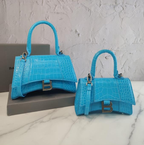 Balenci Hourglass Multi-Size Antique Blue Metallic Croc-Embossed Curvilinear Shape Leather Bag with Silver-Tone "B" Buckle