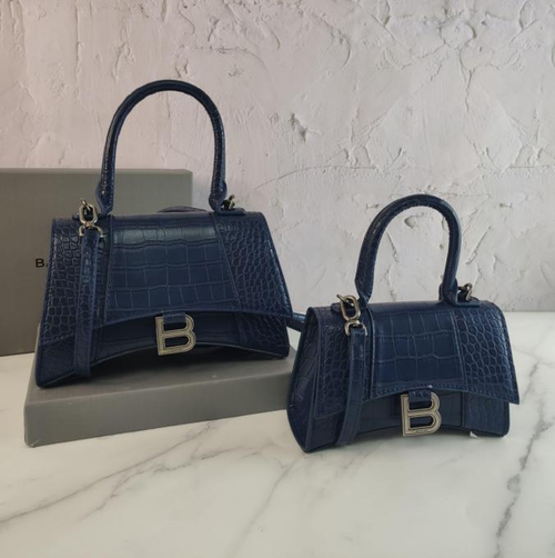 Balenci Hourglass Multi-Size Antique Dark Blue Metallic Croc-Embossed Curvilinear Shape Leather Bag with Silver-Tone "B" Buckle