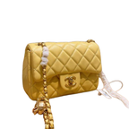 CHNL Lambskin Quilted Pearl Crush Yellow Flap Leather Bag with Gold Signature CC Buckle