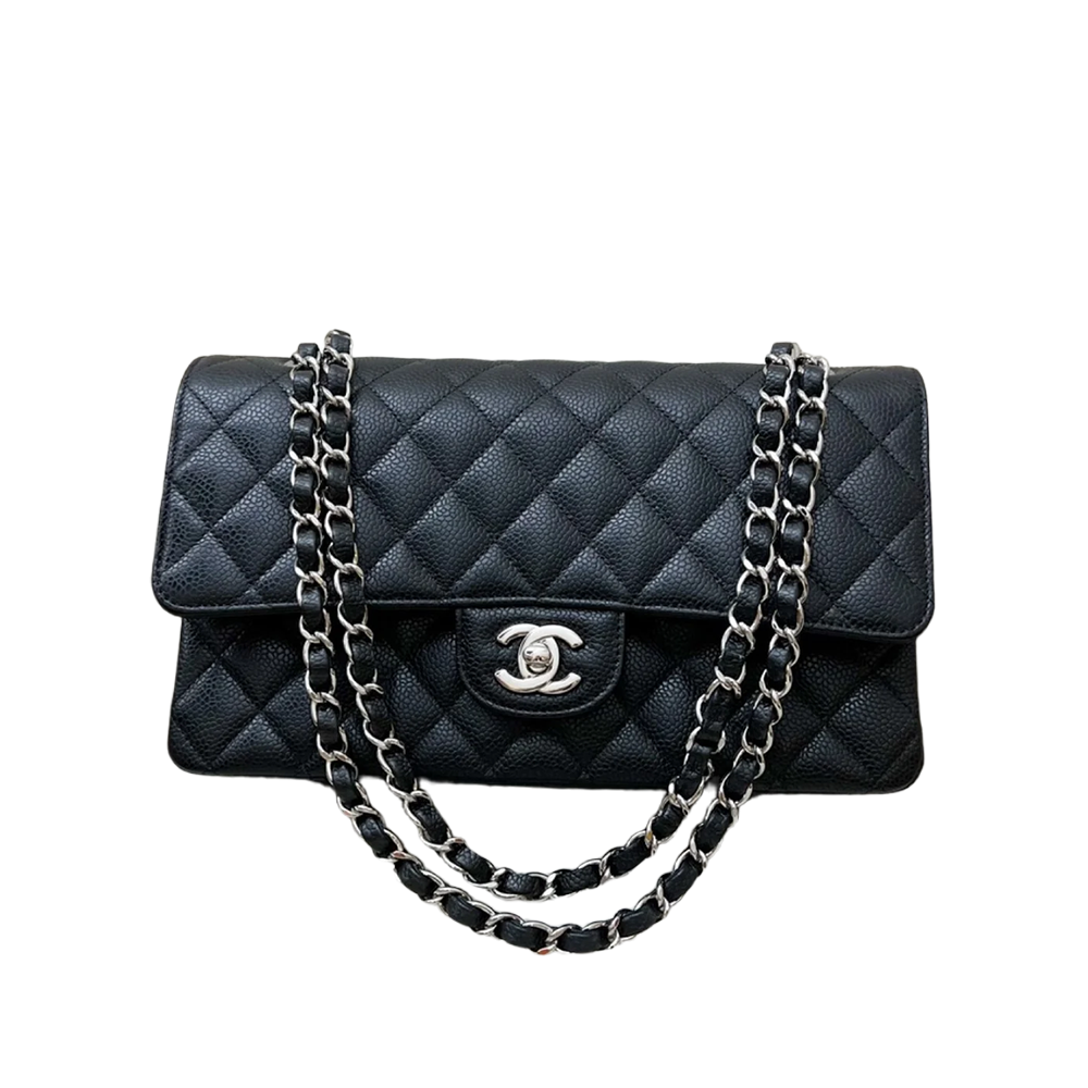 CHNL Classic Black Double Flap Caviar Leather Bag with Silver Signature CC Buckle