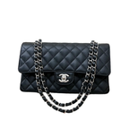 CHNL Classic Black Double Flap Caviar Leather Bag with Silver Signature CC Buckle