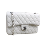 CHNL Classic White Double Flap Caviar Leather Bag with Silver Signature CC Buckle