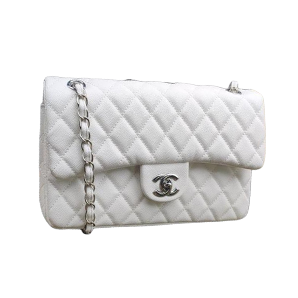 CHNL Classic White Double Flap Caviar Leather Bag with Silver Signature CC Buckle