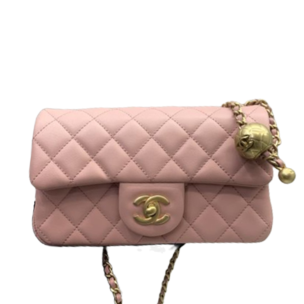 CHNL Lambskin Pearl Crush Pink Flap Leather Bag with Gold Signature CC Buckle
