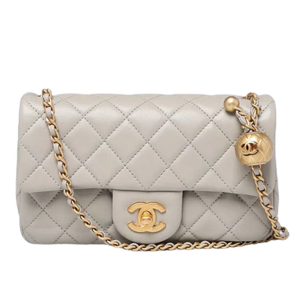 CHNL Lambskin Pearl Crush Grey Flap Leather Bag with Gold Signature CC Buckle