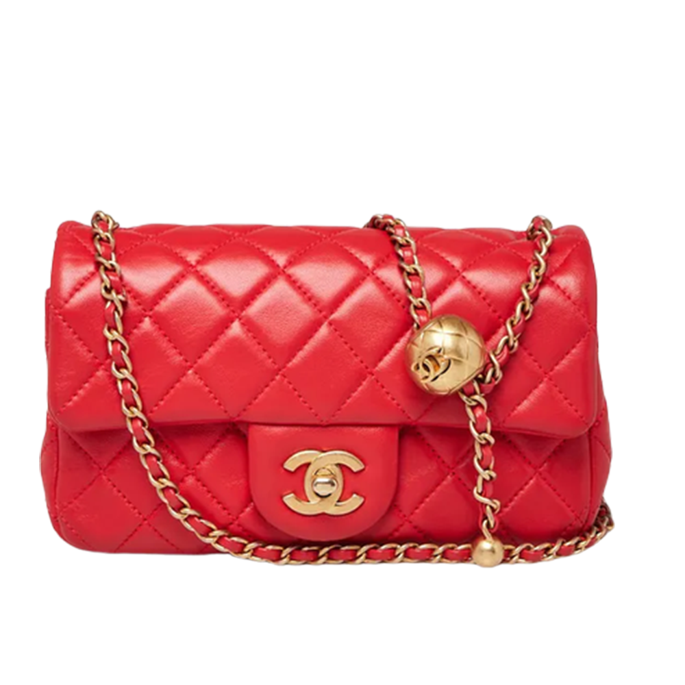 CHNL Lambskin Quilted Pearl Crush Red Flap Leather Bag with Gold Signature CC Buckle