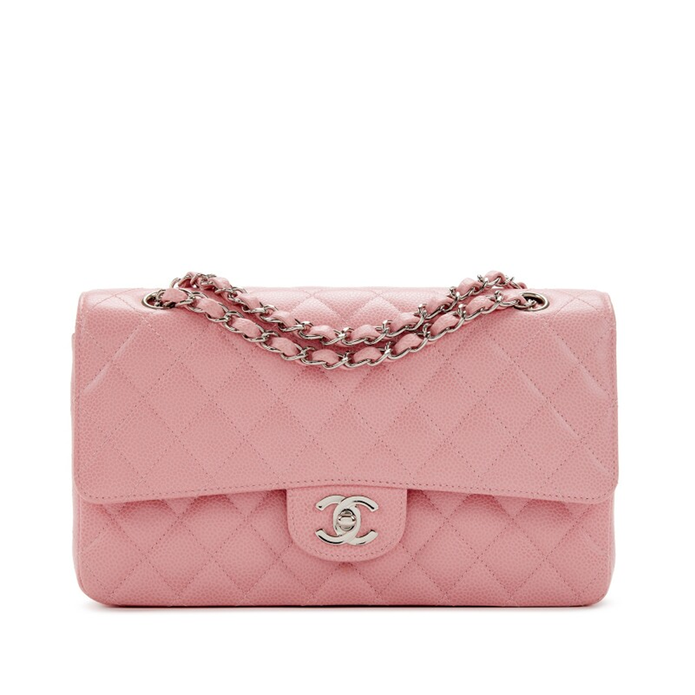 CHNL Classic Pink Double Flap Caviar Leather Bag with Silver Signature CC Buckle
