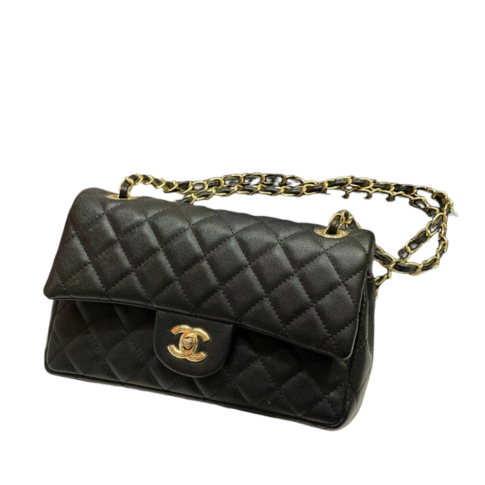 CHNL Classic Double Flap Black Handbag with Gold Signature CC Closure Buckle