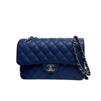 CHNL Classic Navy Blue Double Flap Caviar Leather Bag with Silver Signature CC Closure