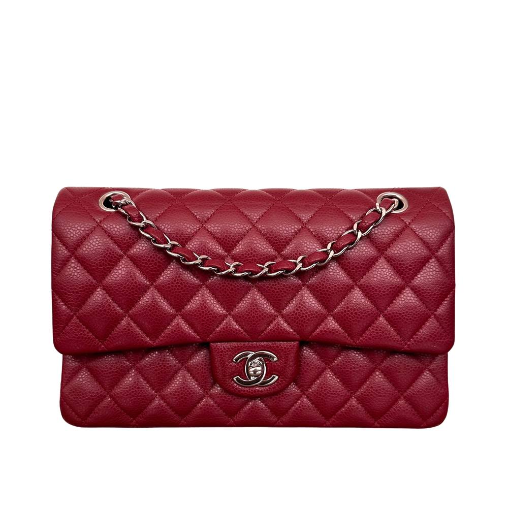 CHNL Classic Burgundy Wine Red Double Flap Caviar Leather Bag with Silver Signature CC Closure