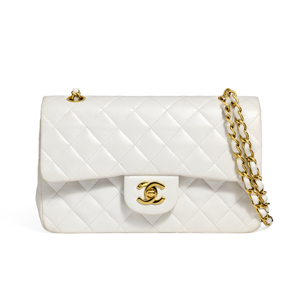 CHNL Classic Double Flap White Leather Handbag with Gold Signature CC Closure Buckle