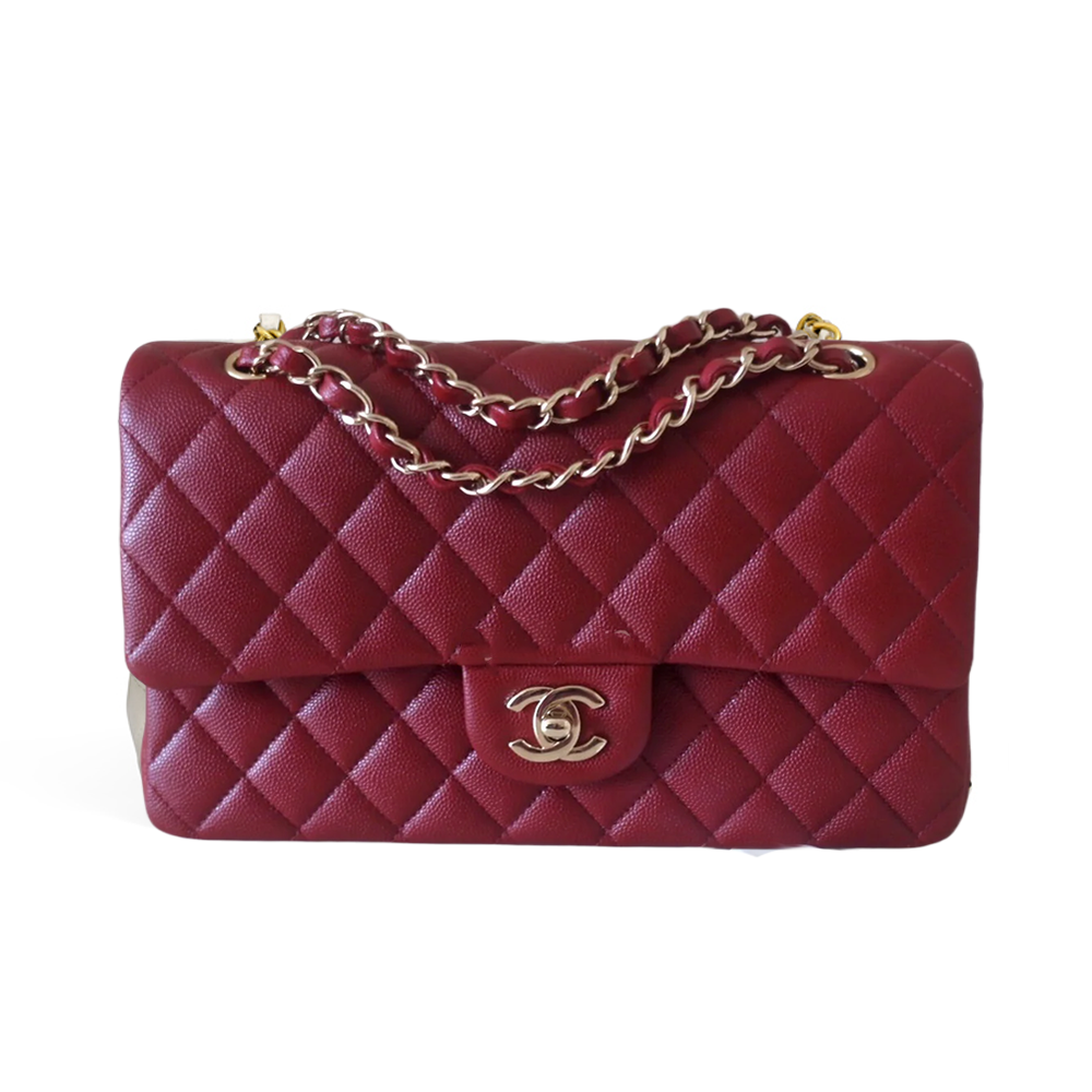 CHNL 19B Classic Double Flap Maroon Leather Handbag with Gold Signature CC Closure Buckle