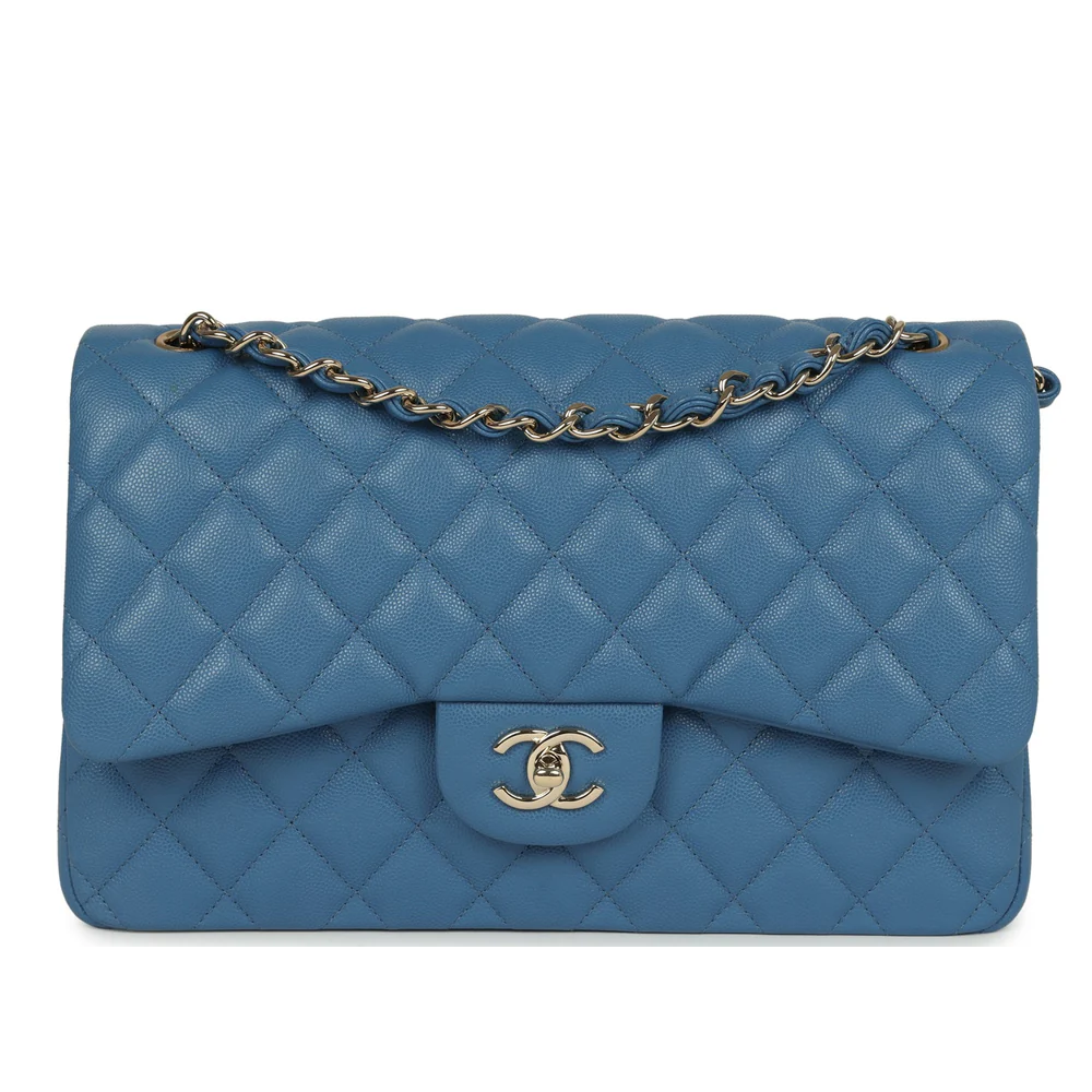 CHNL Classic Jumbo Flap Teal Blue Caviar Leather Handbag with Gold Signature CC Buckle