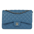 CHNL Classic Jumbo Flap Teal Blue Caviar Leather Handbag with Gold Signature CC Buckle