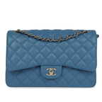 CHNL Classic Jumbo Flap Teal Blue Caviar Leather Handbag with Gold Signature CC Buckle