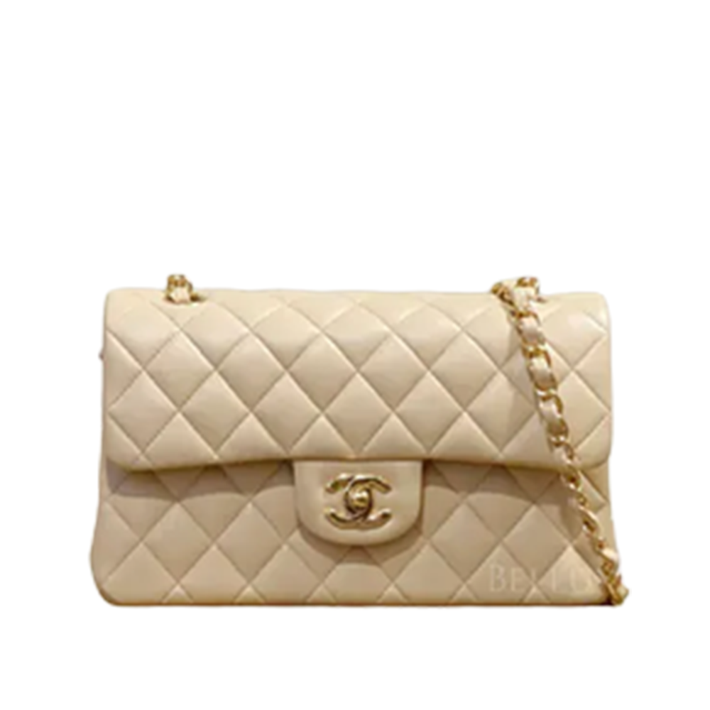 CHNL Classic Jumbo Double Flap Light Beige Caviar Style Leather Handbag With Gold Signature CC Buckle