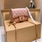 CHNL Lambskin Pearl Crush Pink Flap Leather Bag with Gold Signature CC Buckle