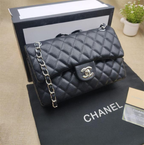 CHNL Classic Black Double Flap Caviar Leather Bag with Silver Signature CC Buckle