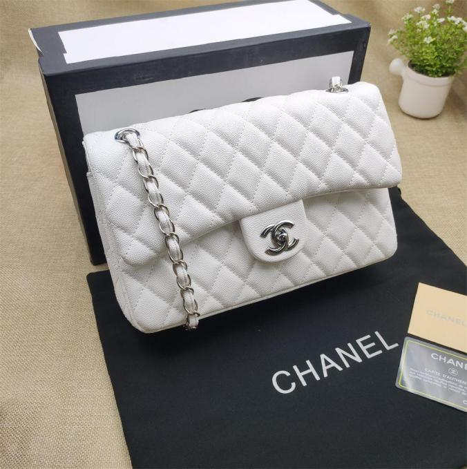 CHNL Classic White Double Flap Caviar Leather Bag with Silver Signature CC Buckle