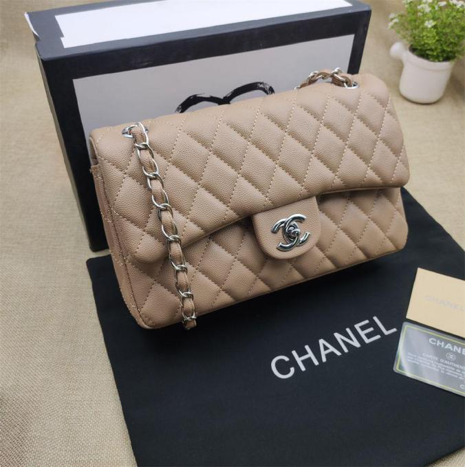 CHNL Classic Brown Double Flap Caviar Leather Bag with Silver Signature CC Buckle