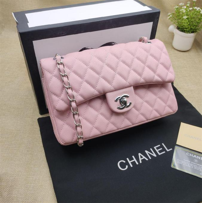 CHNL Classic Pink Double Flap Caviar Leather Bag with Silver Signature CC Buckle