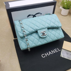CHNL Classic Mint Blue Double Flap Caviar Leather Bag with Silver Signature CC Buckle