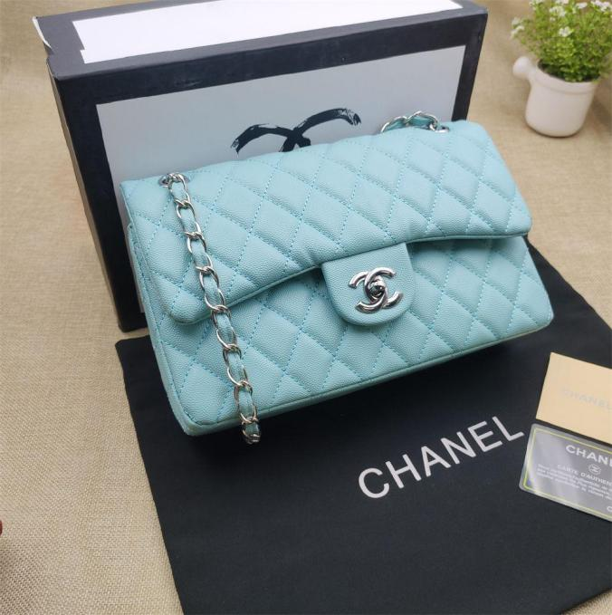 CHNL Classic Mint Blue Double Flap Caviar Leather Bag with Silver Signature CC Buckle