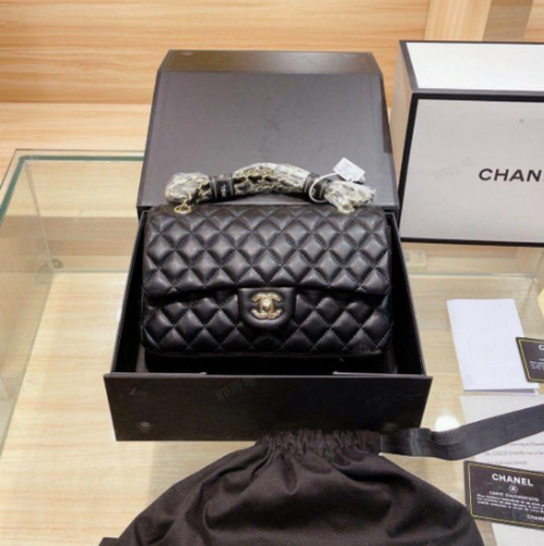 CHNL Classic Double Flap Black Handbag with Gold Signature CC Closure Buckle
