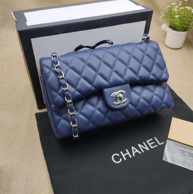 CHNL Classic Navy Blue Double Flap Caviar Leather Bag with Silver Signature CC Closure