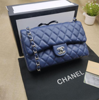 CHNL Classic Navy Blue Double Flap Caviar Leather Bag with Silver Signature CC Closure