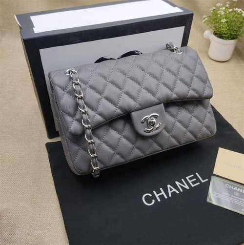 CHNL Classic Grey Double Flap Caviar Leather Bag with Silver Signature CC Closure
