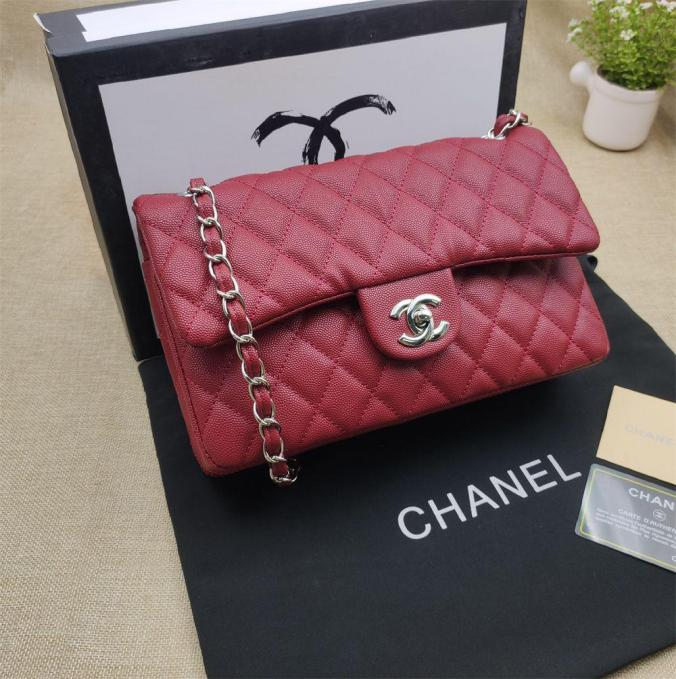 CHNL Classic Burgundy Wine Red Double Flap Caviar Leather Bag with Silver Signature CC Closure