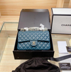 CHNL Classic Jumbo Flap Teal Blue Caviar Leather Handbag with Gold Signature CC Buckle