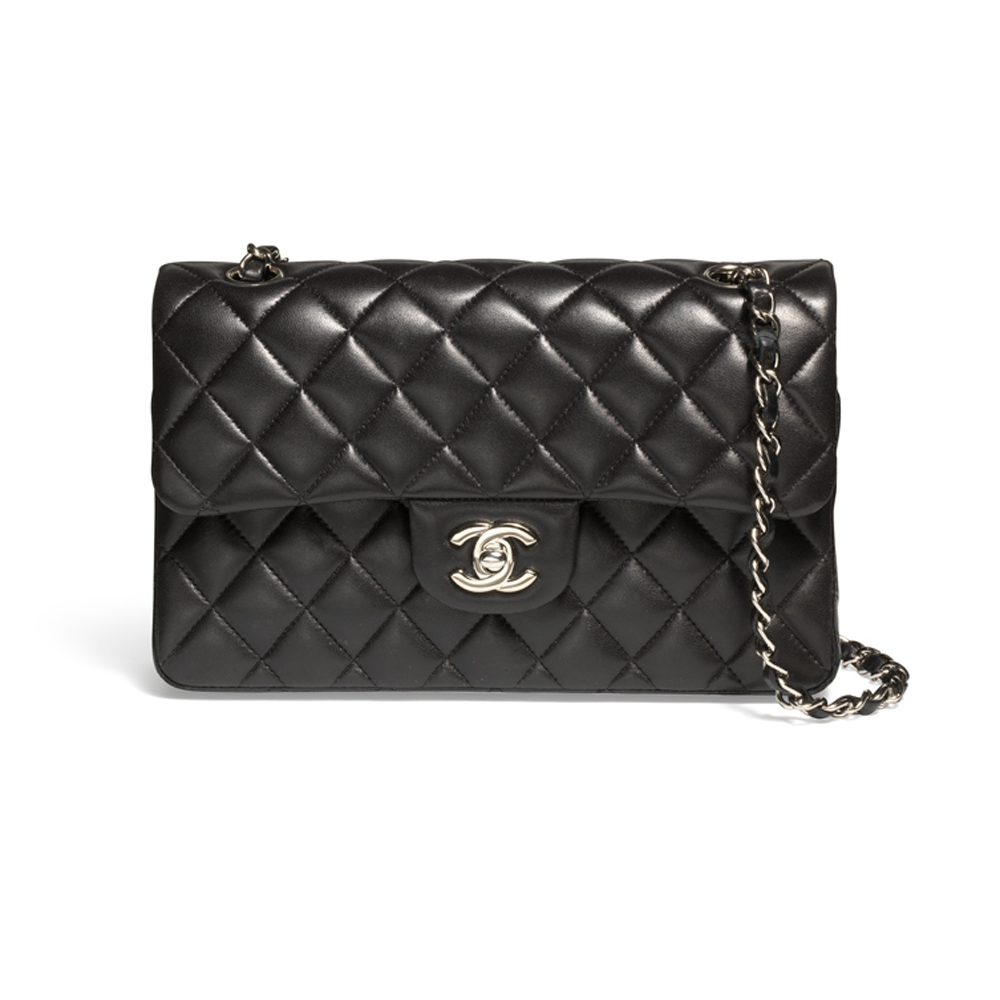 CHNL Classic Double Flap Black Leather Handbag with Silver Signature CC Closure Buckle