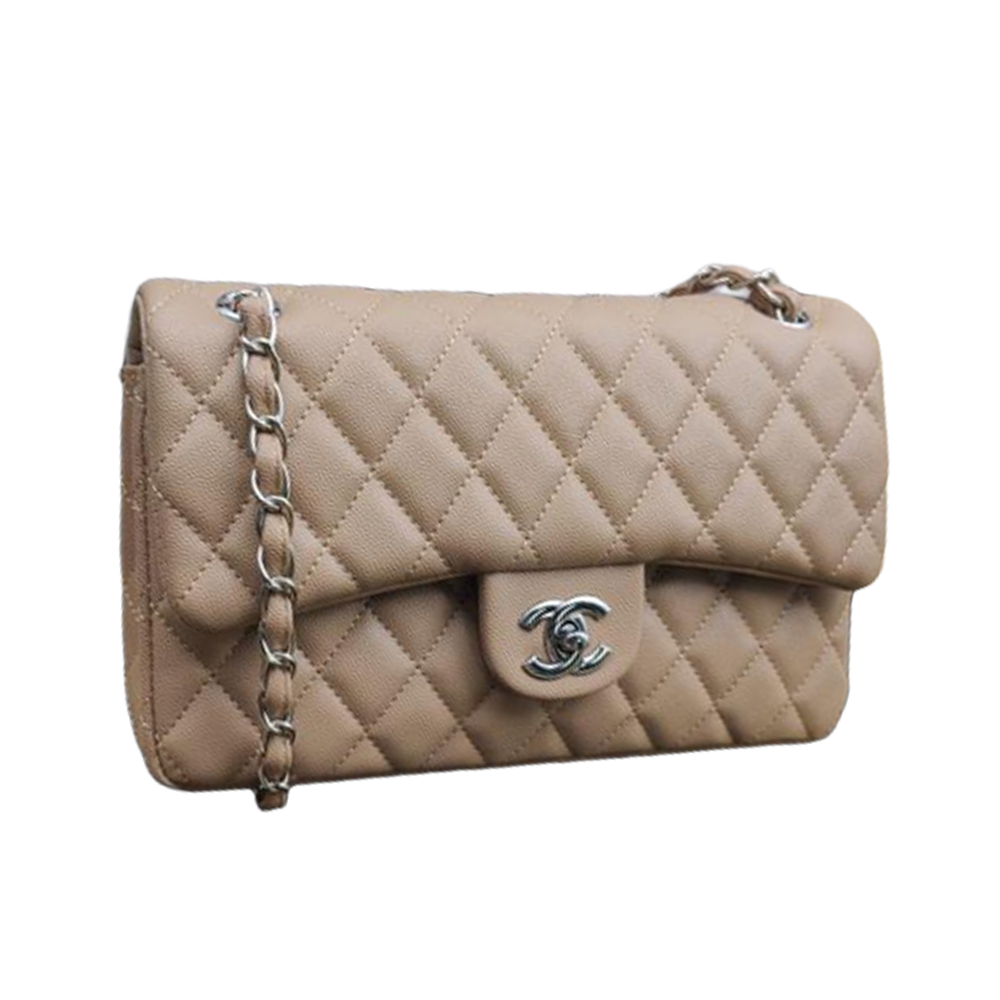 CHNL Classic Brown Double Flap Caviar Leather Bag with Silver Signature CC Buckle