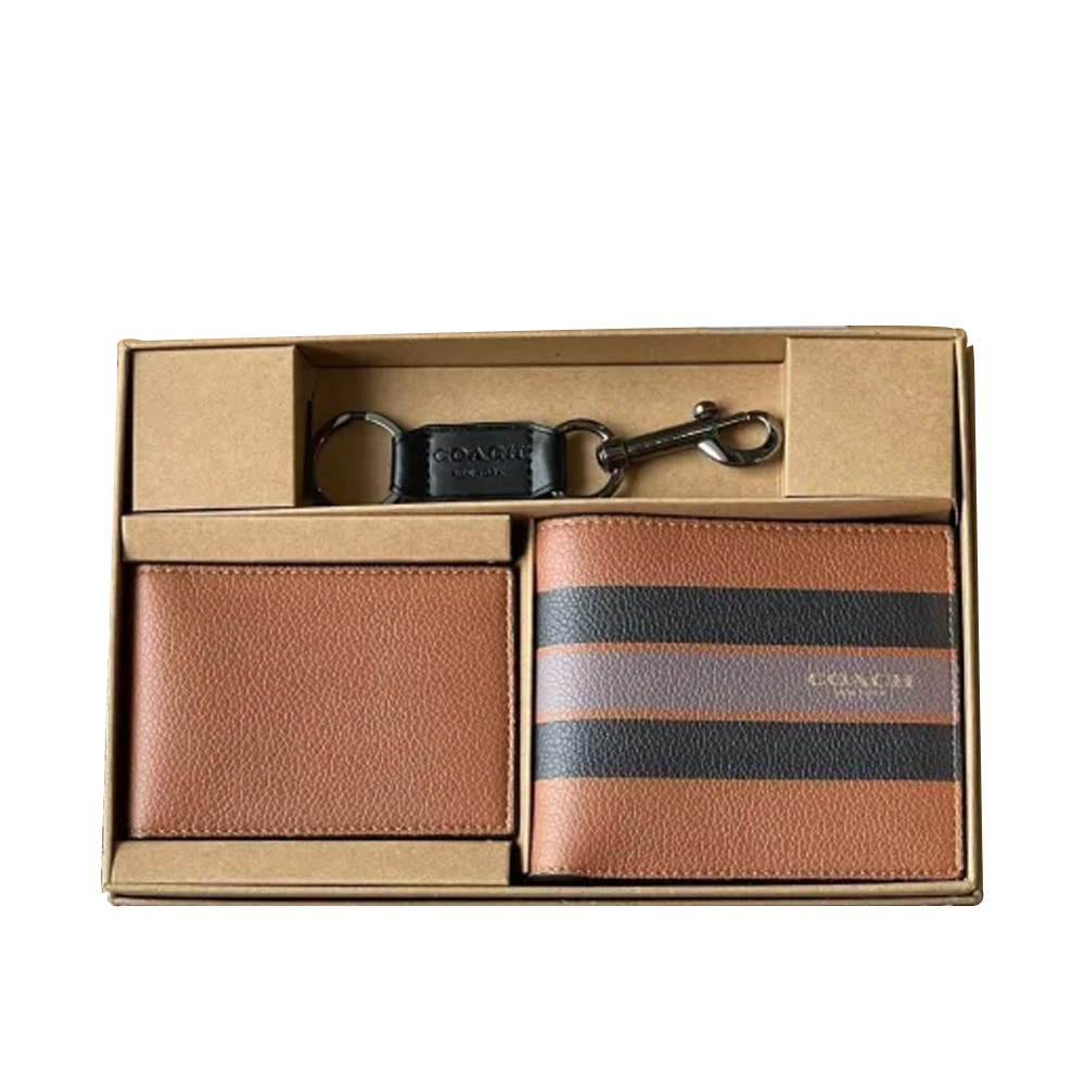 Coach Compact Leather 3-in-1 V-Stripe Print F24649 Brown Wallet Set