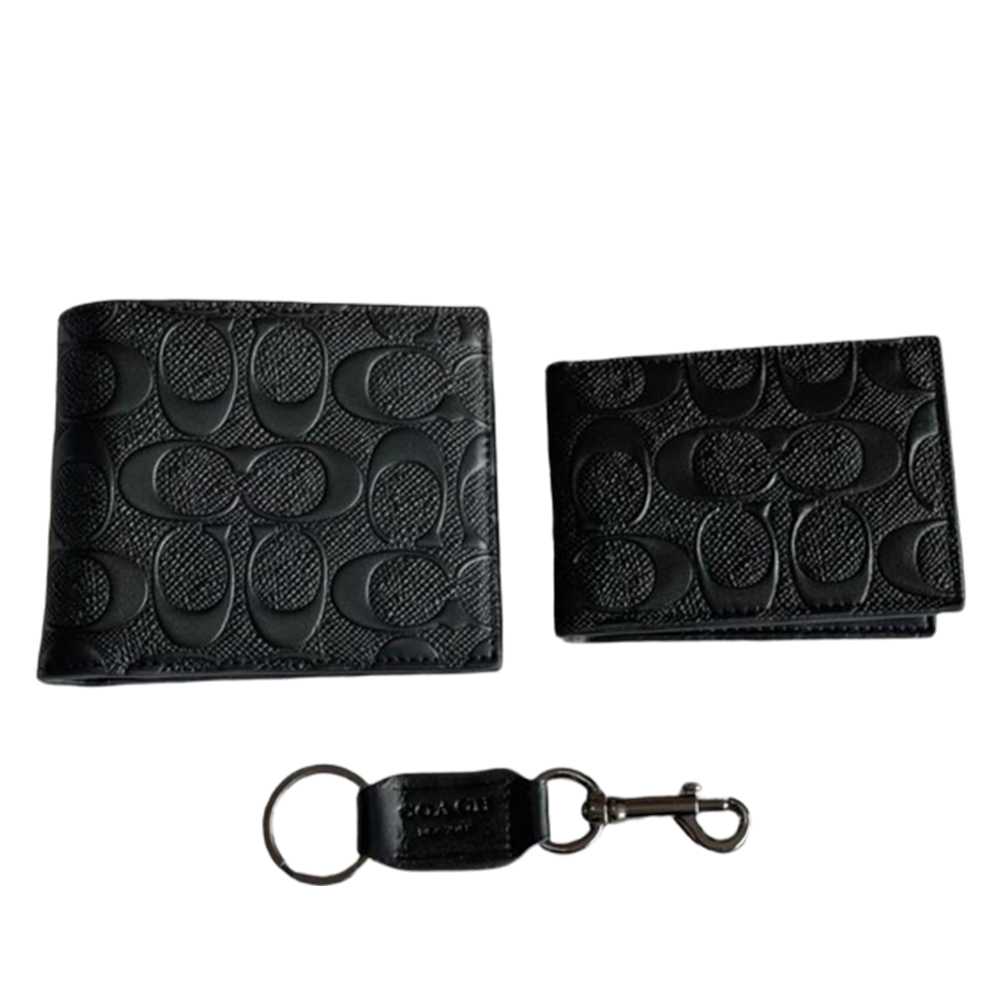 Coach Compact Leather 3-in-1 Premium Engraved Black "C" Logo Clutch Wallet Set