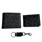 Coach Compact Leather 3-in-1 Premium Engraved Black "C" Logo Clutch Wallet Set