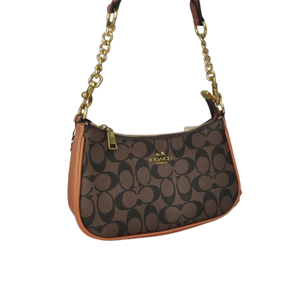 Coach Brown Trim Signature Canvas Teri Shoulder Leather Black Bag