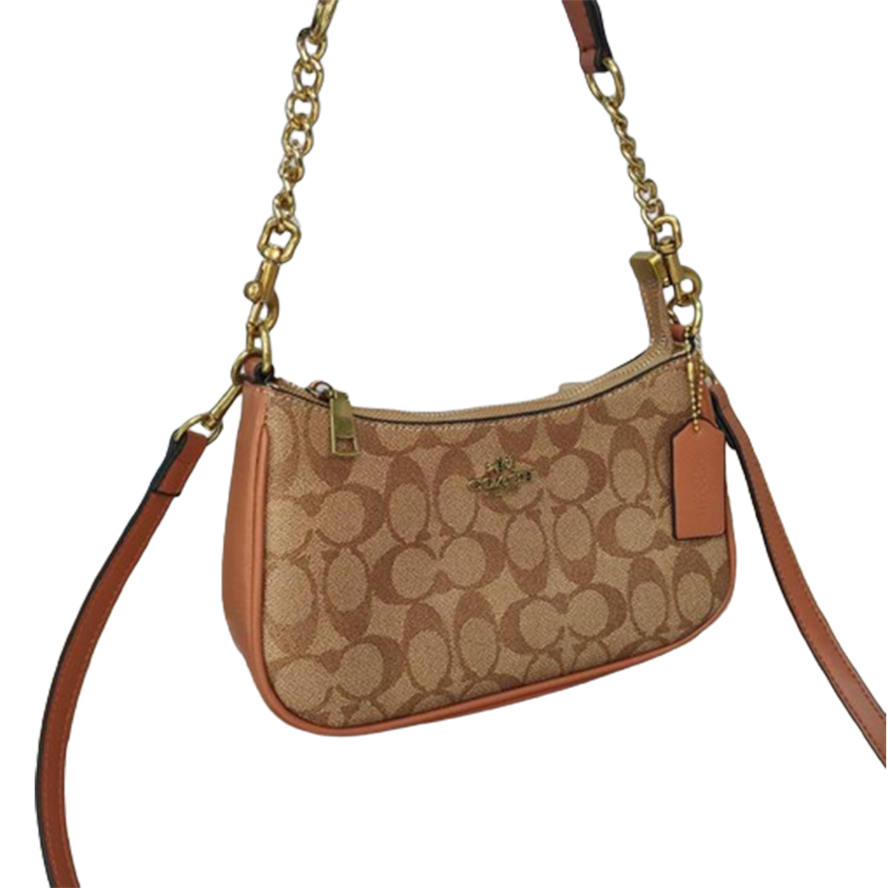 Coach Full Brown Trim Signature Canvas Teri Shoulder Leather Bag