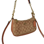 Coach Full Brown Trim Signature Canvas Teri Shoulder Leather Bag