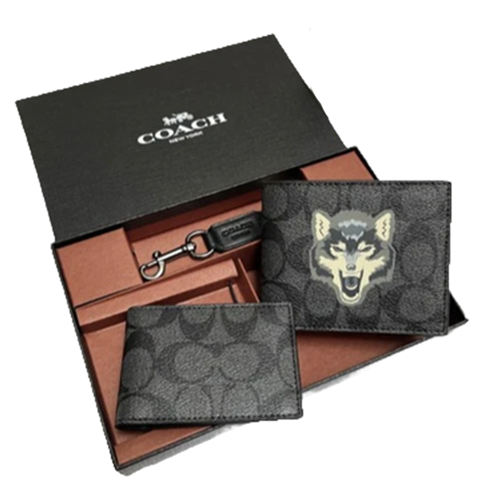Coach Compact 3-in-1 Black Wallet Set with Wolf Logo Signature Canvas