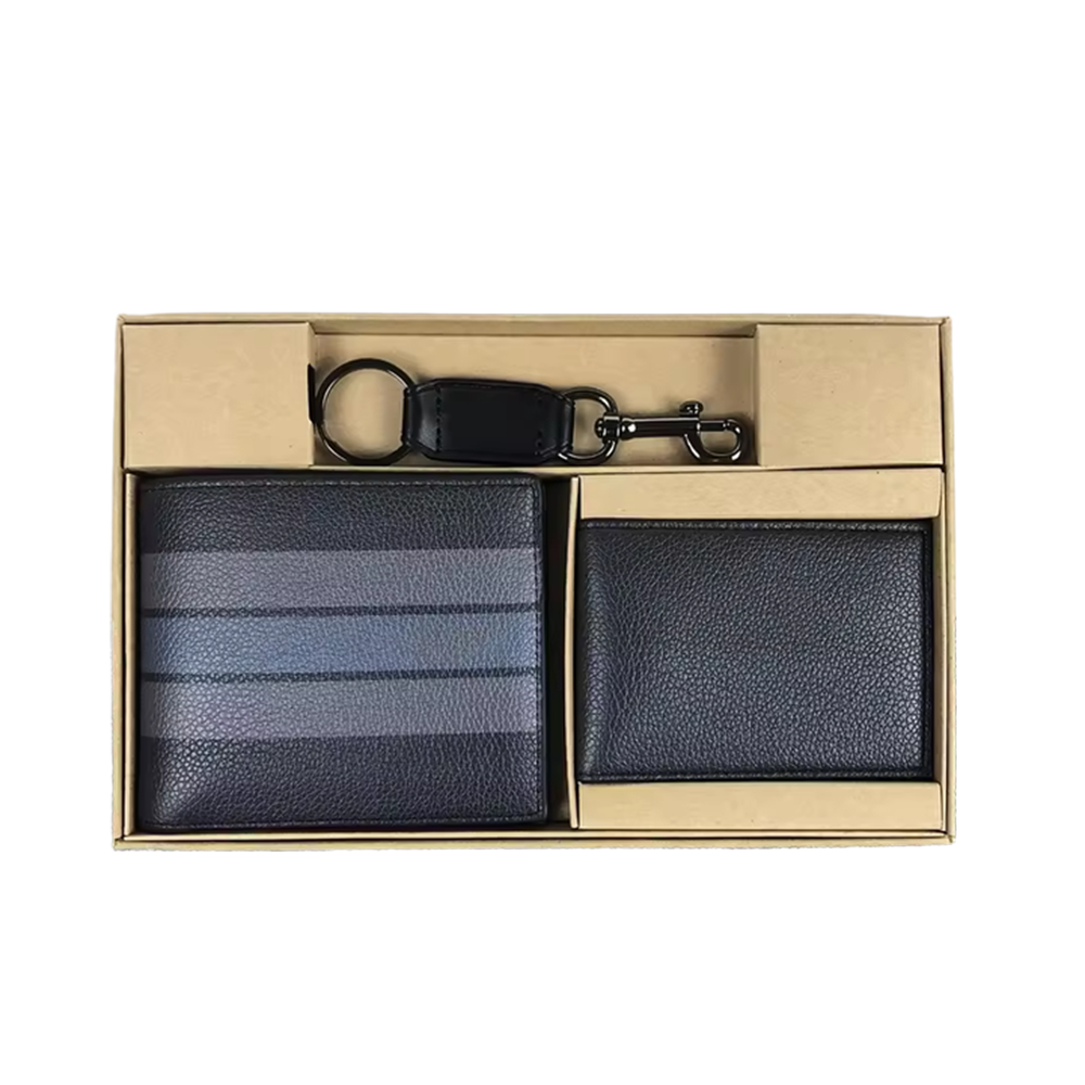 Coach Compact Leather 3-in-1 Midnight Navy V-Stripe Wallet Set