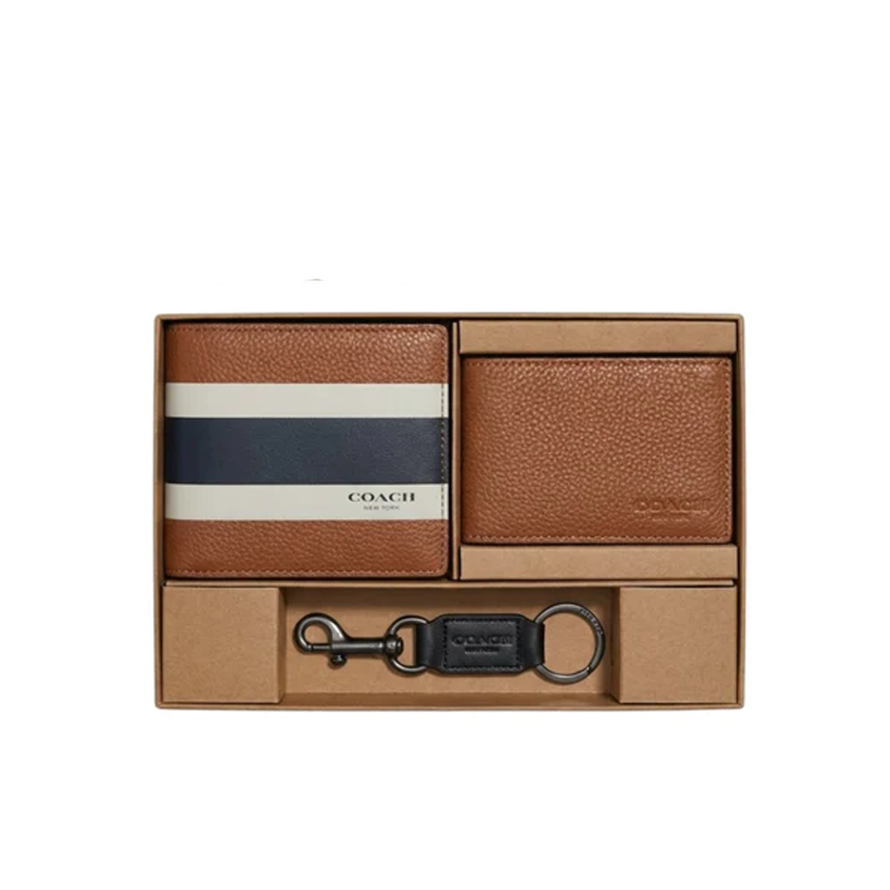 Coach Compact Leather 3-in-1 V-Stripe Print F75086 Brown Wallet Set
