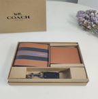 Coach Compact Leather 3-in-1 V-Stripe Print F24649 Brown Wallet Set