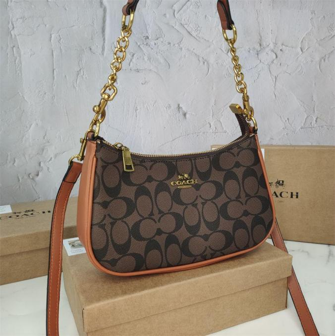 Coach Brown Trim Signature Canvas Teri Shoulder Leather Black Bag