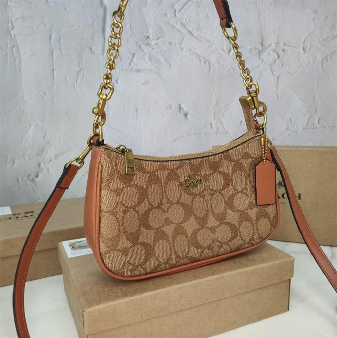 Coach Full Brown Trim Signature Canvas Teri Shoulder Leather Bag