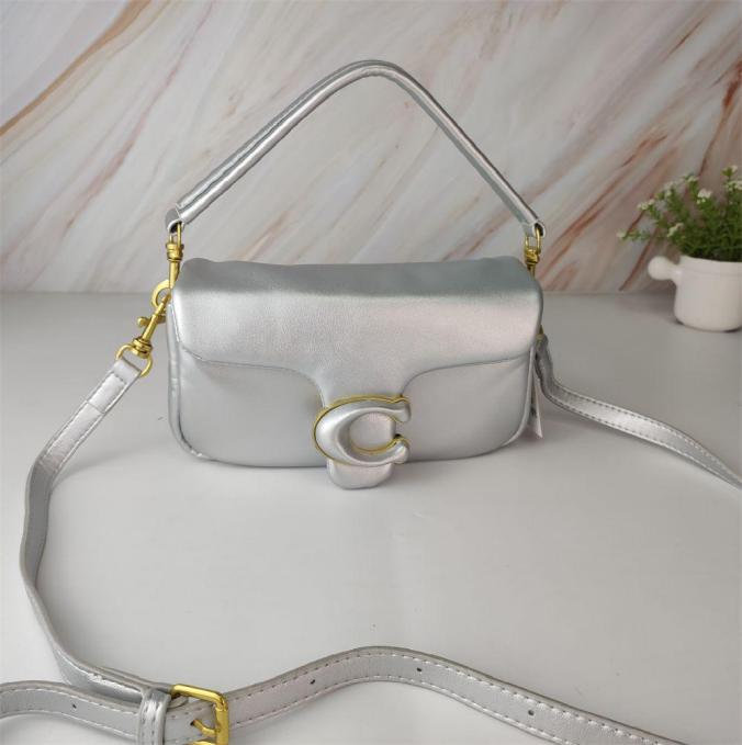 Coach Metallic Silver Pillow Tabby Shoulder Leather Bag with "C" Clasp
