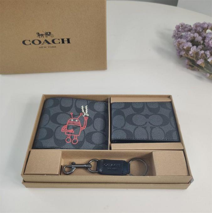 Coach Compact 3-in-1 Black Wallet Set in Keith Haring Robot Cartoon Print Signature Coated Canvas